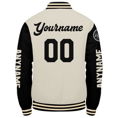 Maßgeschneiderte Schwarz Creme Letterman Varsity Jacket Individuelle Stickerei Druck nach Ihrem Wunsch