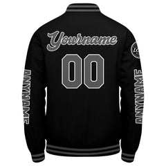 Maßgeschneiderte Schwarz Grau Letterman Varsity Jacket Individuelle Stickerei Druck nach Ihrem Wunsch
