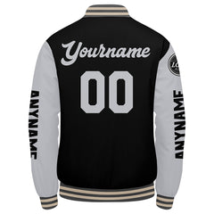 Maßgeschneiderte Grau Schwarz Creme Letterman Varsity Jacket Individuelle Stickerei Druck nach Ihrem Wunsch