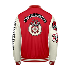 Maßgeschneiderte Rot Weiß Letterman Varsity Jacket Individuelle Stickerei Druck nach Ihrem Wunsch