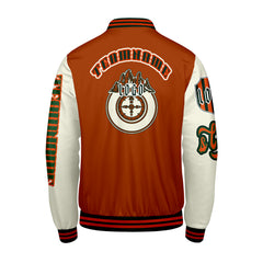 Maßgeschneiderte Orange Weiß Letterman Varsity Jacket Individuelle Stickerei Druck nach Ihrem Wunsch
