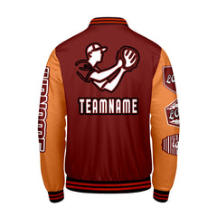 Maßgeschneiderte Rot Orange Letterman Varsity Jacket Individuelle Stickerei Druck nach Ihrem Wunsch