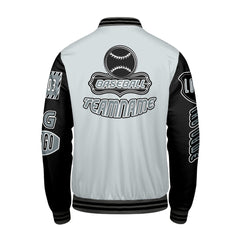 Maßgeschneiderte Grau Schwarz Letterman Varsity Jacket Individuelle Stickerei Druck nach Ihrem Wunsch