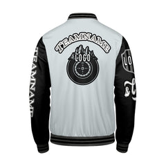 Maßgeschneiderte Grau Schwarz Letterman Varsity Jacket Individuelle Stickerei Druck nach Ihrem Wunsch