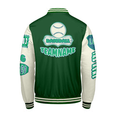 Maßgeschneiderte Grün Weiß Letterman Varsity Jacket Individuelle Stickerei Druck nach Ihrem Wunsch