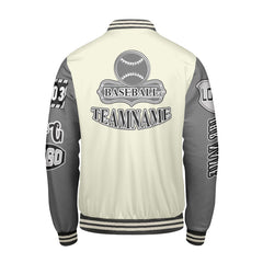 Maßgeschneiderte Weiß Grau Letterman Varsity Jacket Individuelle Stickerei Druck nach Ihrem Wunsch