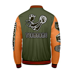 Maßgeschneiderte Olivengrün Orange Letterman Varsity Jacket Individuelle Stickerei Druck nach Ihrem Wunsch