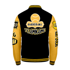 Maßgeschneiderte Schwarz Gelb Letterman Varsity Jacket Individuelle Stickerei Druck nach Ihrem Wunsch