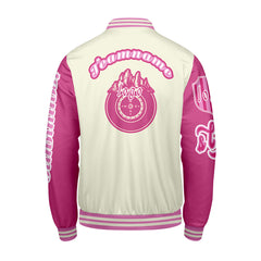 Maßgeschneiderte Weiß Rosa Letterman Varsity Jacket Individuelle Stickerei Druck nach Ihrem Wunsch