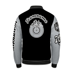Maßgeschneiderte Schwarz Grau Letterman Varsity Jacket Individuelle Stickerei Druck nach Ihrem Wunsch