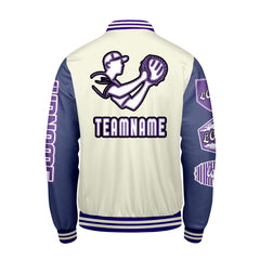 Maßgeschneiderte Weiß Lila Letterman Varsity Jacket Individuelle Stickerei Druck nach Ihrem Wunsch