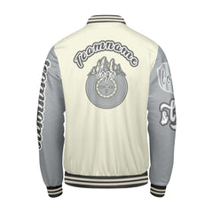 Maßgeschneiderte Weiß Grau Letterman Varsity Jacket Individuelle Stickerei Druck nach Ihrem Wunsch
