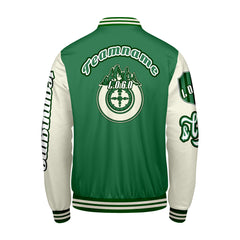 Maßgeschneiderte Grün Weiß Letterman Varsity Jacket Individuelle Stickerei Druck nach Ihrem Wunsch