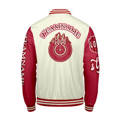 Maßgeschneiderte Weiß Rot Letterman Varsity Jacket Individuelle Stickerei Druck nach Ihrem Wunsch