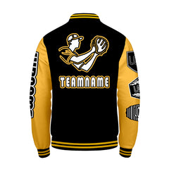 Maßgeschneiderte Schwarz Gelb Letterman Varsity Jacket Individuelle Stickerei  Druck nach Ihrem Wunsch