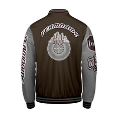 Maßgeschneiderte Braun Grau Letterman Varsity Jacket Individuelle Stickerei Druck nach Ihrem Wunsch