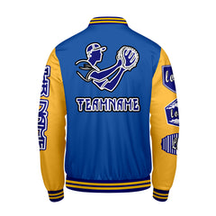 Maßgeschneiderte Blau Gelb Letterman Varsity Jacket Individuelle Stickerei  Druck nach Ihrem Wunsch