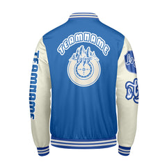 Maßgeschneiderte Blau Weiß Letterman Varsity Jacket Individuelle Stickerei Druck nach Ihrem Wunsch