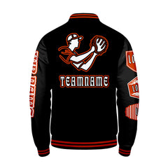 Maßgeschneiderte Schwarz Letterman Varsity Jacket Individuelle Stickerei  Druck nach Ihrem Wunsch