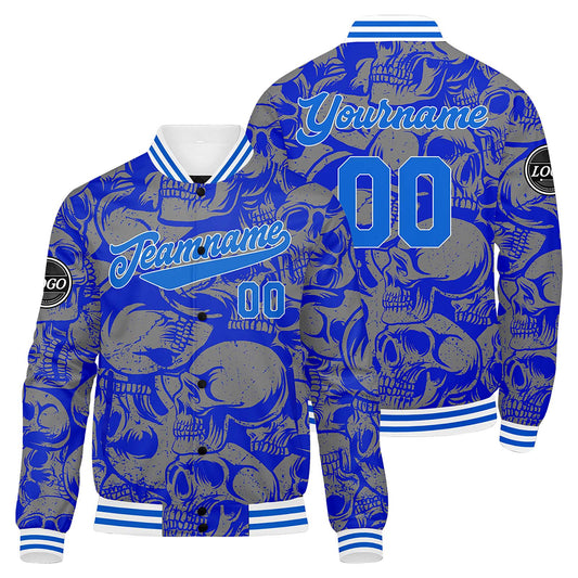 Benutzerdefinierte Dunkelblau Grau Varsity-Jacke. Letterman-Jacke für Männer, Frauen und Jugendliche