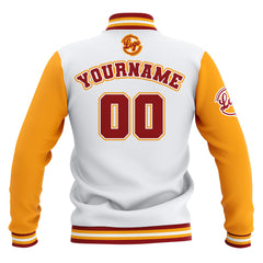 Benutzerdefiniert Weiß Gelb Rot Wasserdichte Varsity Jacken Personalisiert genäht Name Nummer Logo zu Letterman Jacken