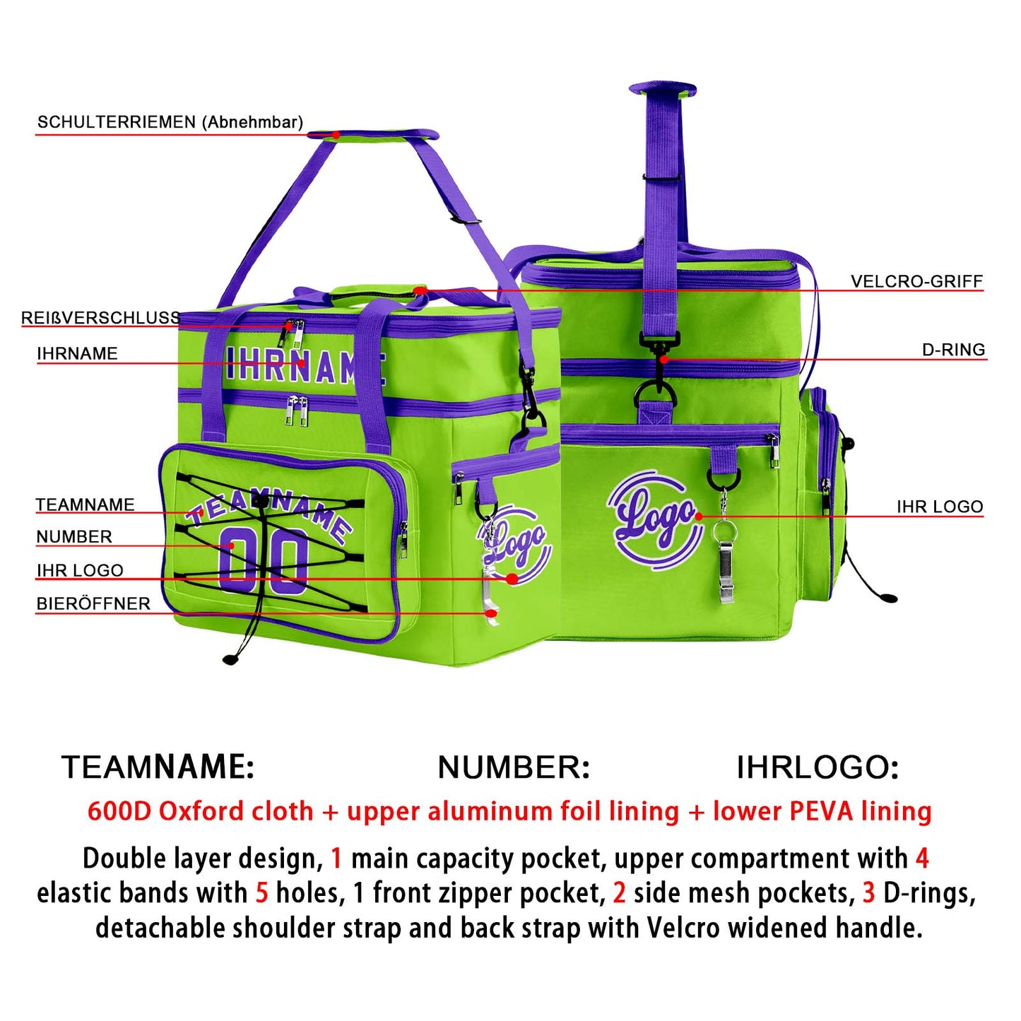 Maßgeschickerte Grün Lila vollflächig bedruckte isolierte Kühltasche mit Doppelwand Wasserdichte 600D Oxford Picknick-Tragetasche für Teamevents & Outdoor-Grillen