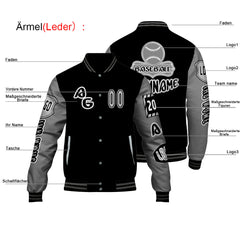 Maßgeschneiderte Schwarz Grau Letterman Varsity Jacket Individuelle Stickerei Druck nach Ihrem Wunsch