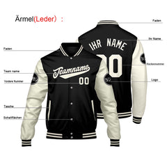 Maßgeschneiderte Schwarz Creme Weiß Letterman Varsity Jacket Individuelle Stickerei Druck nach Ihrem Wunsch