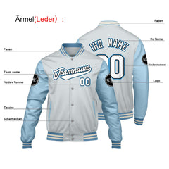 Maßgeschneiderte Hellgrau Blau Letterman Varsity Jacket Individuelle Stickerei Druck nach Ihrem Wunsch