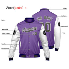 Maßgeschneiderte Lila Weiß Letterman Varsity Jacket Individuelle Stickerei Druck nach Ihrem Wunsch