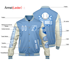 Maßgeschneiderte Blau Weiß Letterman Varsity Jacket Individuelle Stickerei  Druck nach Ihrem Wunsch