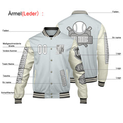 Maßgeschneiderte Grau Weiß Letterman Varsity Jacket Individuelle Stickerei Druck nach Ihrem Wunsch