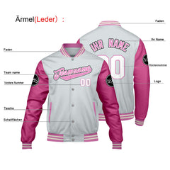 Maßgeschneiderte Hellgrau Rosa Letterman Varsity Jacket Individuelle Stickerei Druck nach Ihrem Wunsch