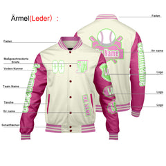 Maßgeschneiderte Weiß Rosa Letterman Varsity Jacket Individuelle Stickerei  Druck nach Ihrem Wunsch