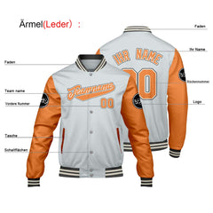 Maßgeschneiderte Hellgrau Orange Letterman Varsity Jacket Individuelle Stickerei Druck nach Ihrem Wunsch