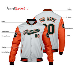 Maßgeschneiderte Hellgrau Orange Letterman Varsity Jacket Individuelle Stickerei Druck nach Ihrem Wunsch