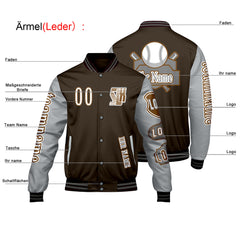 Maßgeschneiderte Braun Grau Letterman Varsity Jacket Individuelle Stickerei Druck nach Ihrem Wunsch