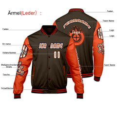 Maßgeschneiderte Braun Orange Letterman Varsity Jacket Individuelle Stickerei Druck nach Ihrem Wunsch
