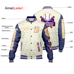 Maßgeschneiderte Weiß Lila Letterman Varsity Jacket Individuelle Stickerei  Druck nach Ihrem Wunsch
