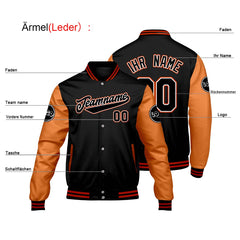 Maßgeschneiderte Schwarz Orange Letterman Varsity Jacket Individuelle Stickerei Druck nach Ihrem Wunsch