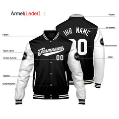 Maßgeschneiderte Schwarz Weiß Letterman Varsity Jacket Individuelle Stickerei Druck nach Ihrem Wunsch