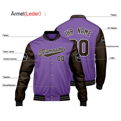 Maßgeschneiderte Lila Braun Letterman Varsity Jacket Individuelle Stickerei Druck nach Ihrem Wunsch