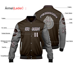 Maßgeschneiderte Braun Grau Letterman Varsity Jacket Individuelle Stickerei Druck nach Ihrem Wunsch
