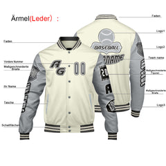 Maßgeschneiderte Grau Weiß Letterman Varsity Jacket Individuelle Stickerei Druck nach Ihrem Wunsch