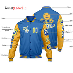 Maßgeschneiderte Blau Gelb Letterman Varsity Jacket Individuelle Stickerei Druck nach Ihrem Wunsch