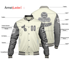 Maßgeschneiderte Weiß Grau Letterman Varsity Jacket Individuelle Stickerei Druck nach Ihrem Wunsch