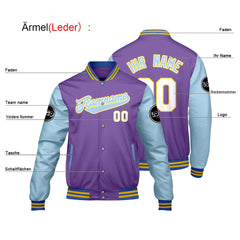 Maßgeschneiderte Lila Blau Letterman Varsity Jacket Individuelle Stickerei Druck nach Ihrem Wunsch