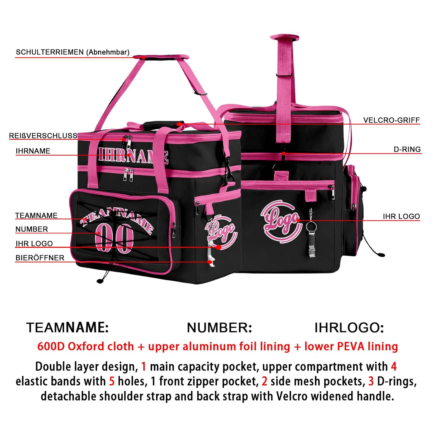 Maßgeschickerte Schwarz Rosa vollflächig bedruckte isolierte Kühltasche mit Doppelwand Wasserdichte 600D Oxford Picknick-Tragetasche für Teamevents & Outdoor-Grillen