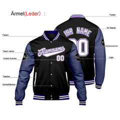 Maßgeschneiderte Schwarz Lila Letterman Varsity Jacket Individuelle Stickerei Druck nach Ihrem Wunsch