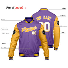 Maßgeschneiderte Lila Gelb Letterman Varsity Jacket Individuelle Stickerei Druck nach Ihrem Wunsch